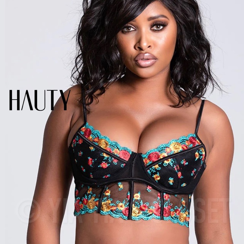 Hauty XS In Bloom Womens Black Floral Embroidered Lace Longline Bra Lingerie Top